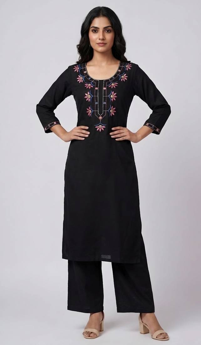 Black rayon embroidered kurta set