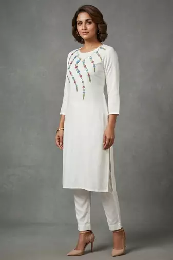 White rayon embroidered kurta set