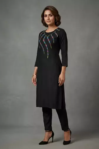Black rayon embroidered kurta set