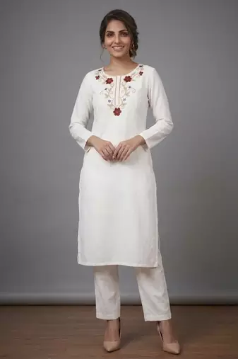 White rayon embroidered kurta set
