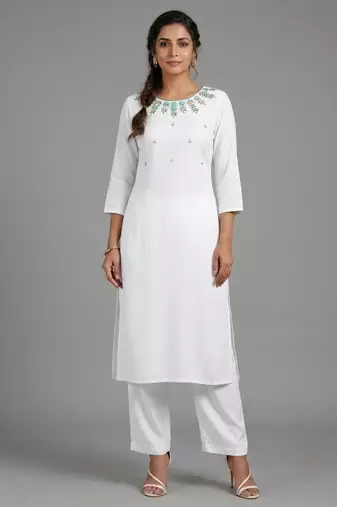 White rayon embroidered kurta set