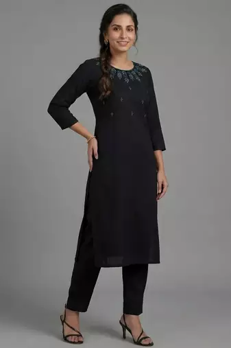 Black rayon embroidered kurta set