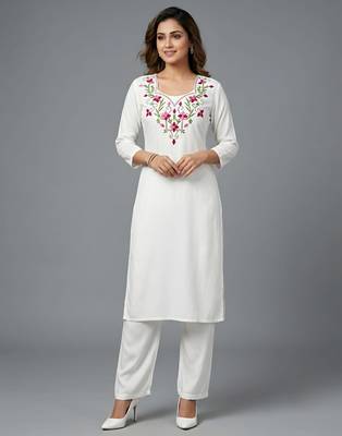 White rayon embroidered kurta set 3