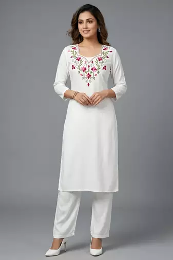 White rayon embroidered kurta set