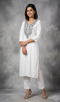 White rayon embroidered kurta set 3