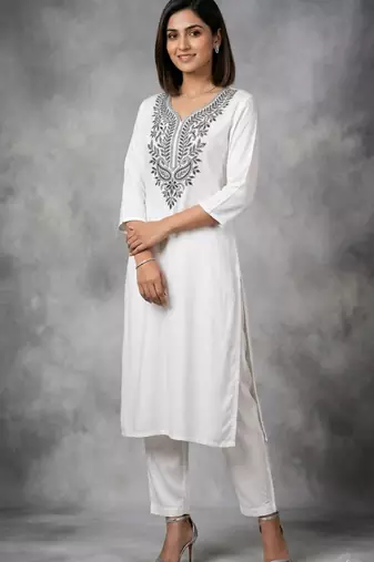 White rayon embroidered kurta set