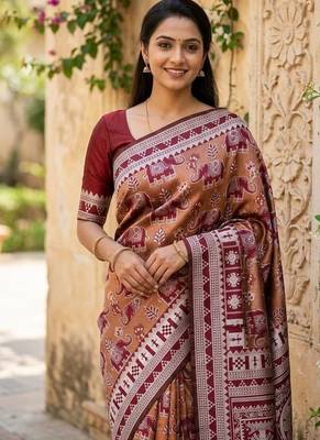 Maroon color art silk blend sarees with blouse 2