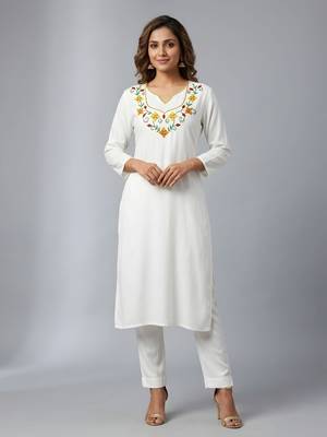 White rayon embroidered kurta set 3
