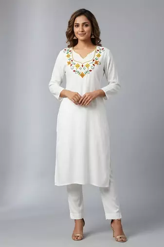White rayon embroidered kurta set