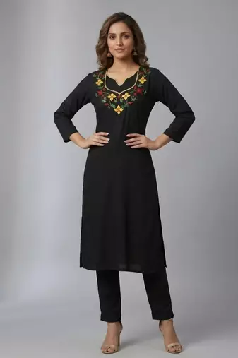 Black rayon embroidered kurta set