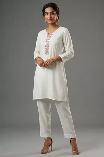 White rayon embroidered kurta set