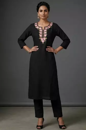 Black rayon embroidered kurta set