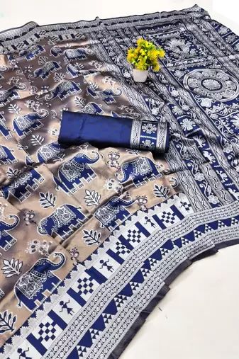 Blue color art silk blend sarees with blouse
