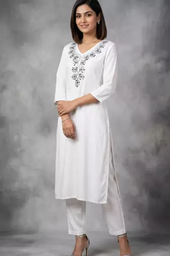 White rayon embroidered kurta set
