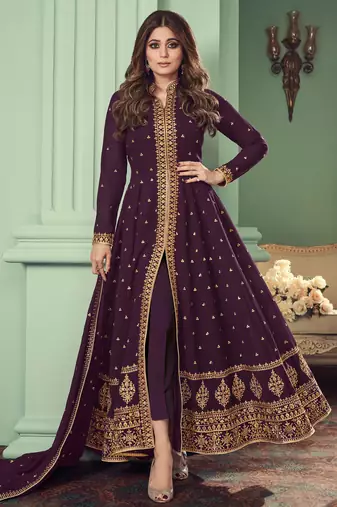 Women   s wine embroidered sequins georgette semi-stitched anarkali suit