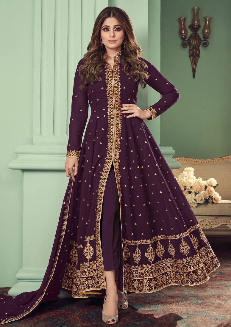 Women’s wine embroidered sequins georgette semi-stitched anarkali suit