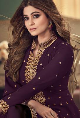 Women   s wine embroidered sequins georgette semi-stitched anarkali suit 2