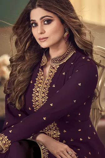 Women   s wine embroidered sequins georgette semi-stitched anarkali suit