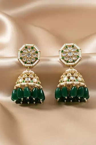 Moissanite Polki Green Beads Jhumkas