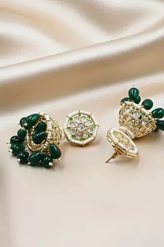 Moissanite Polki Green Beads Jhumkas