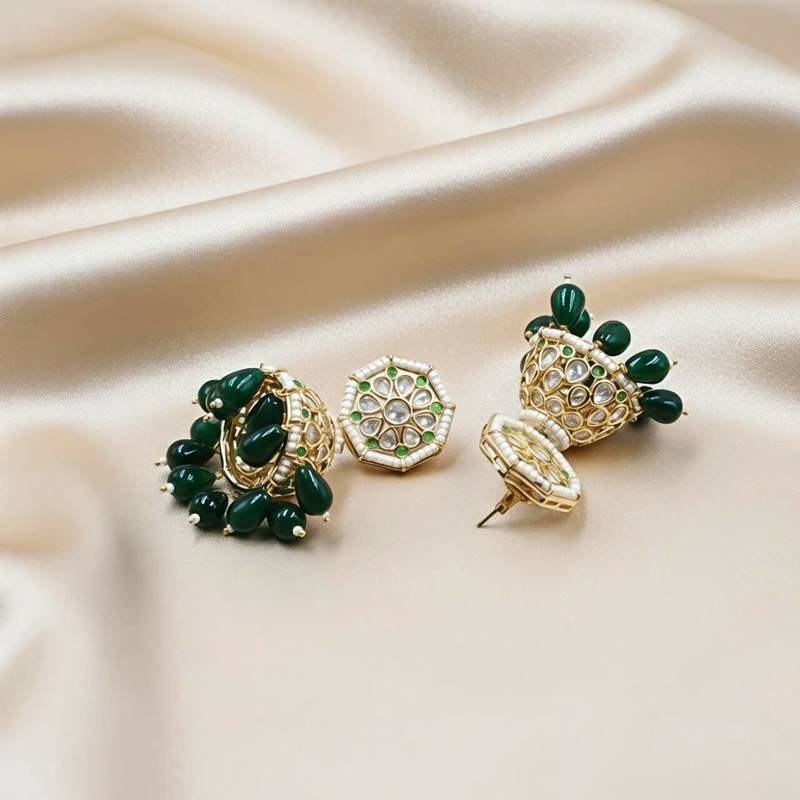 Moissanite Polki Green Beads Jhumkas