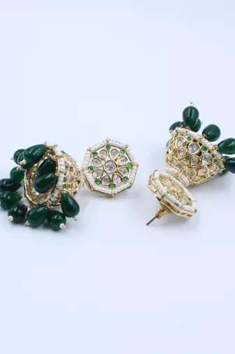 Moissanite Polki Green Beads Jhumkas