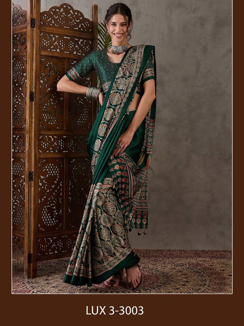 Green color ready to wear semi modal saree with unstitched designer blouse