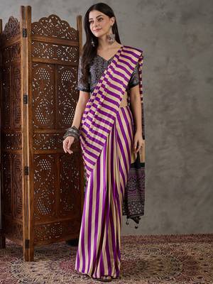 Purple color Pre Pleated semi modal saree with unstitched designer blouse 1