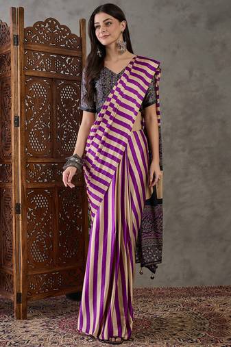 Purple color ready to wear semi modal saree with unstitched designer blouse