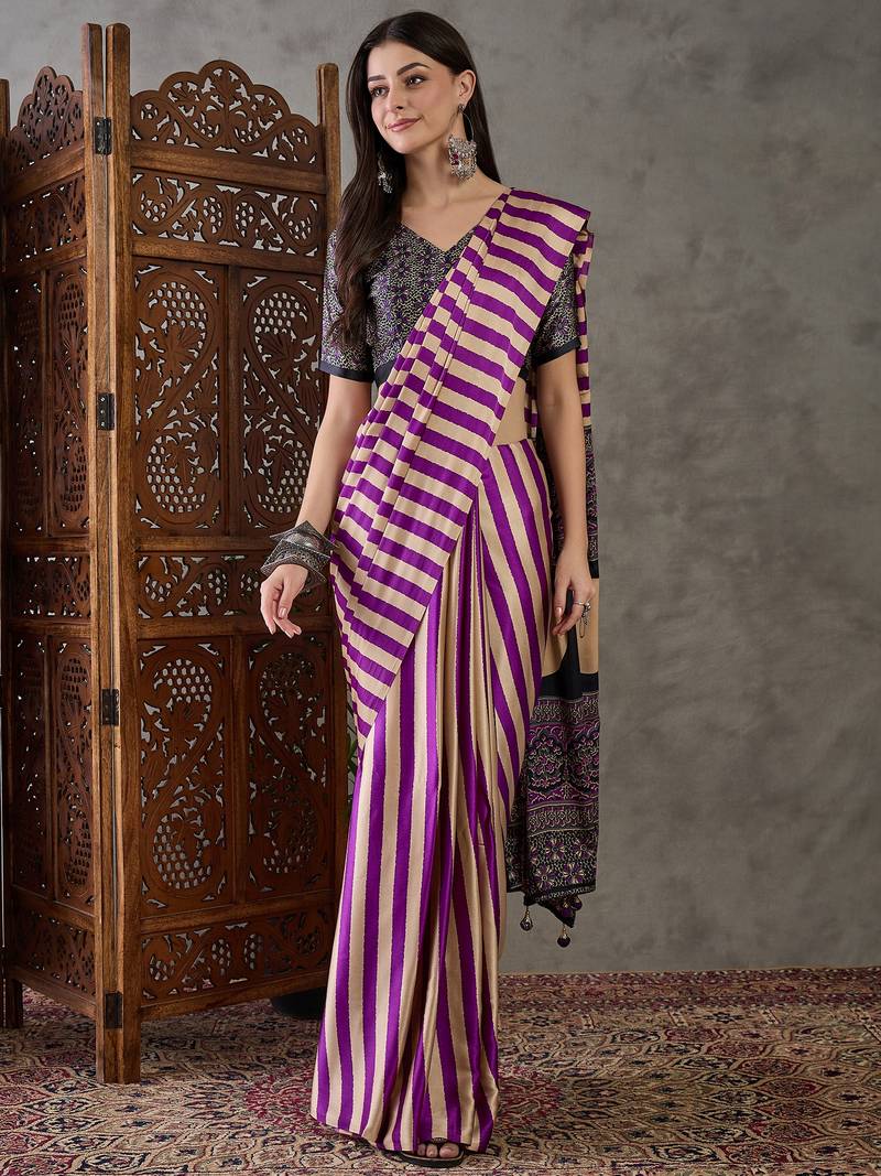 Purple color ready to wear semi modal saree with unstitched designer blouse