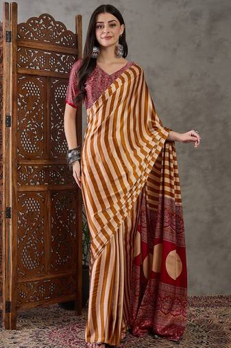 Yellow color ready to wear semi modal saree with unstitched designer blouse