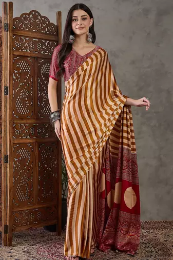 Yellow color ready to wear semi modal saree with unstitched designer blouse