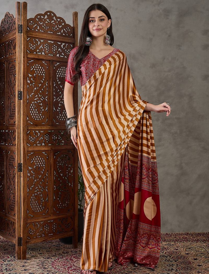 Yellow color ready to wear semi modal saree with unstitched designer blouse