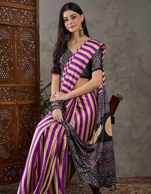 Purple color Pre Pleated semi modal saree with unstitched designer blouse 3