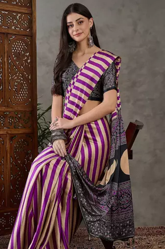 Purple color Pre Pleated semi modal saree with unstitched designer blouse