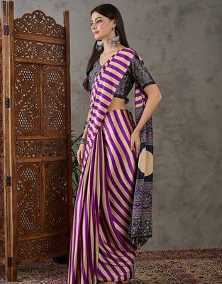 Purple color Pre Pleated semi modal saree with unstitched designer blouse 4