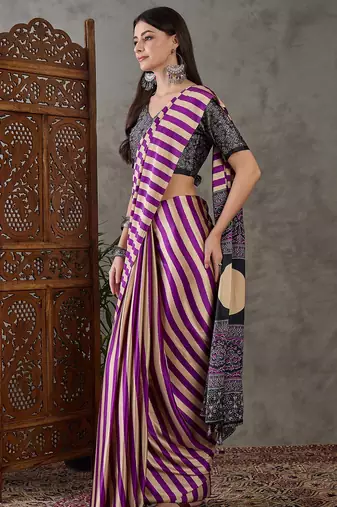 Purple color Pre Pleated semi modal saree with unstitched designer blouse