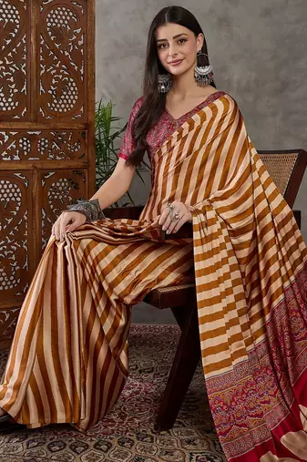 Yellow color Pre Pleated semi modal saree with unstitched designer blouse