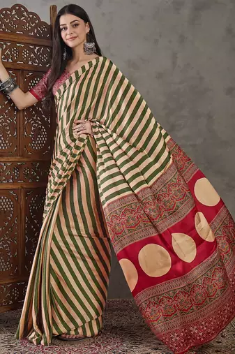 Green color ready to wear semi modal saree with unstitched designer blouse