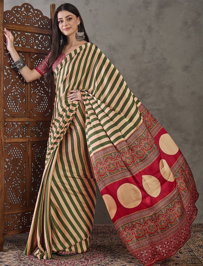 Green color ready to wear semi modal saree with unstitched designer blouse