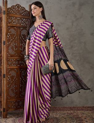 Purple color Pre Pleated semi modal saree with unstitched designer blouse 5