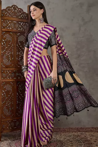 Purple color Pre Pleated semi modal saree with unstitched designer blouse