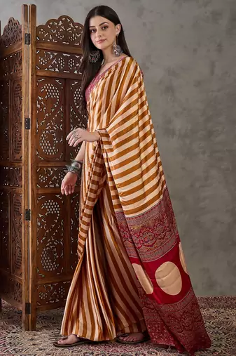 Yellow color Pre Pleated semi modal saree with unstitched designer blouse
