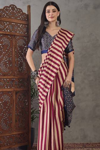 Wine color Pre Pleated semi modal saree with unstitched designer blouse