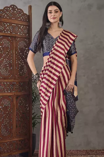 Wine color ready to wear semi modal saree with unstitched designer blouse