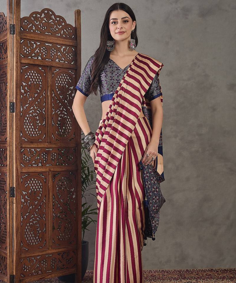 Wine color ready to wear semi modal saree with unstitched designer blouse