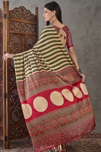 green ready made semi modal saree with designer blouse