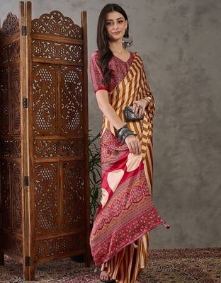 Yellow color Pre Pleated semi modal saree with unstitched designer blouse 5