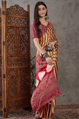 Yellow color Pre Pleated semi modal saree with unstitched designer blouse