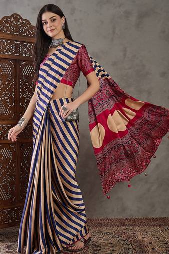 Blue color Pre Pleated semi modal saree with unstitched designer blouse
